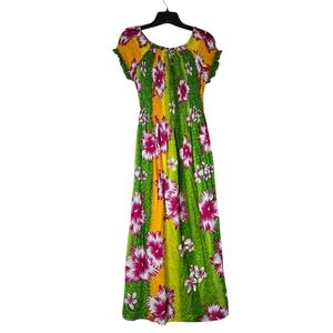 Mamta OSFM Colorful Tropical Floral Print Smocked Belted Maxi Dress‎